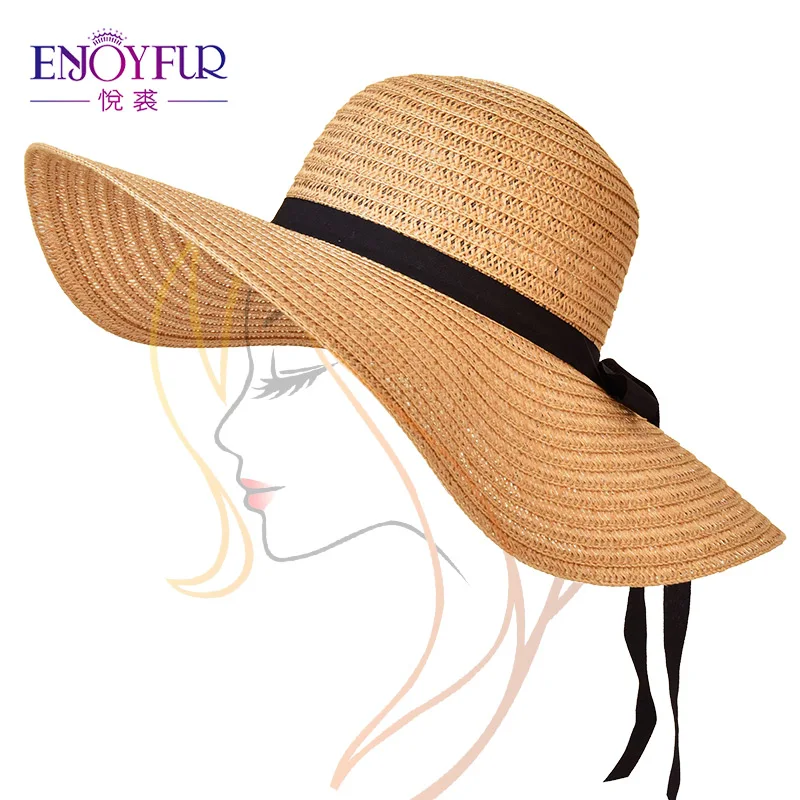 

ENJOYFUR Floppy Summer Hats Wide Brim Beach Hat Foldable Bowknot Straw Sun Hats For Women