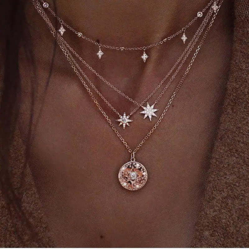 Новое модное женское ожерелье с кристаллами, простое многослойное ожерелье со звездами и звездами, ювелирные изделия,, золотое ожерелье - Окраска металла: gold