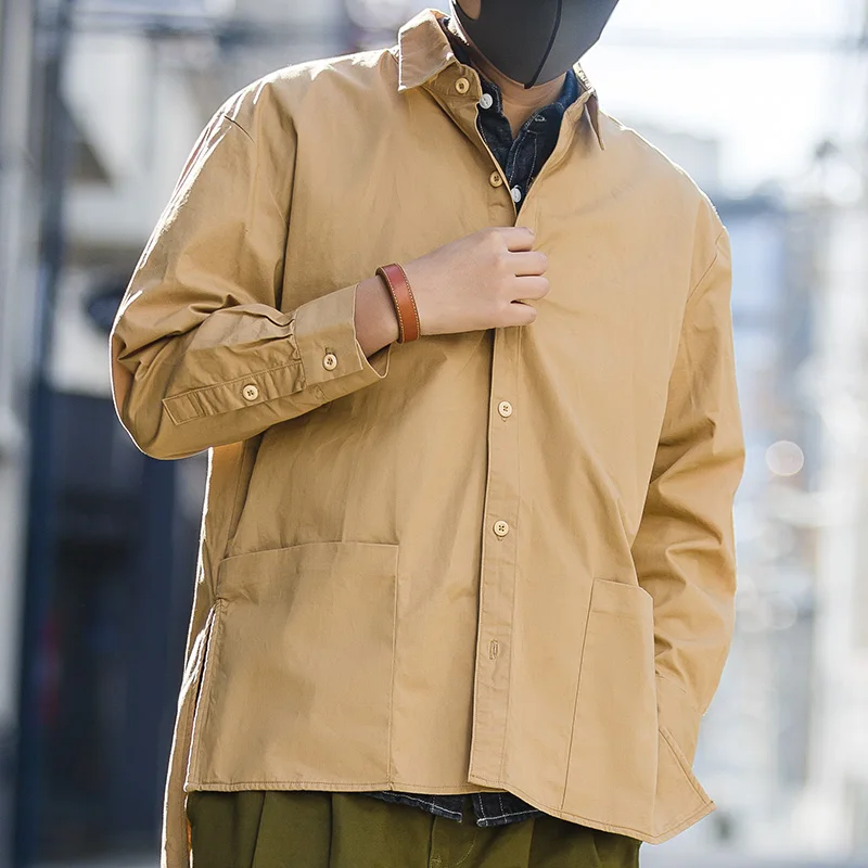 

MADEN Men’s Casual Loose Fit Long Sleeve Cotton Shirt Jacket High Low Hem Side Slit Khaki