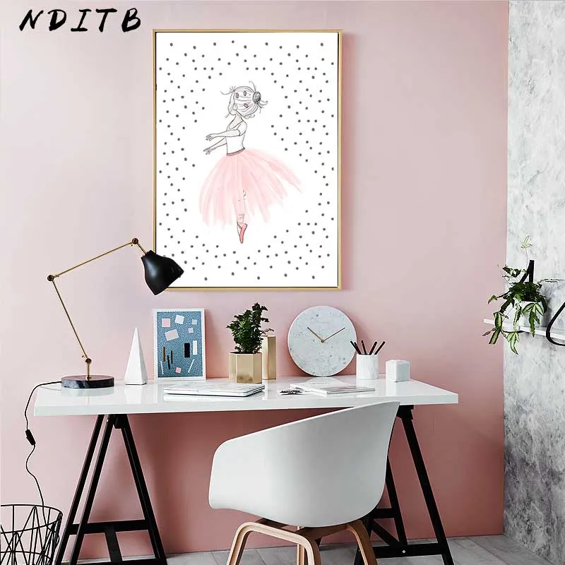 Розовый мультфильм лебедь танец девушка холст картина Kawaii настенные