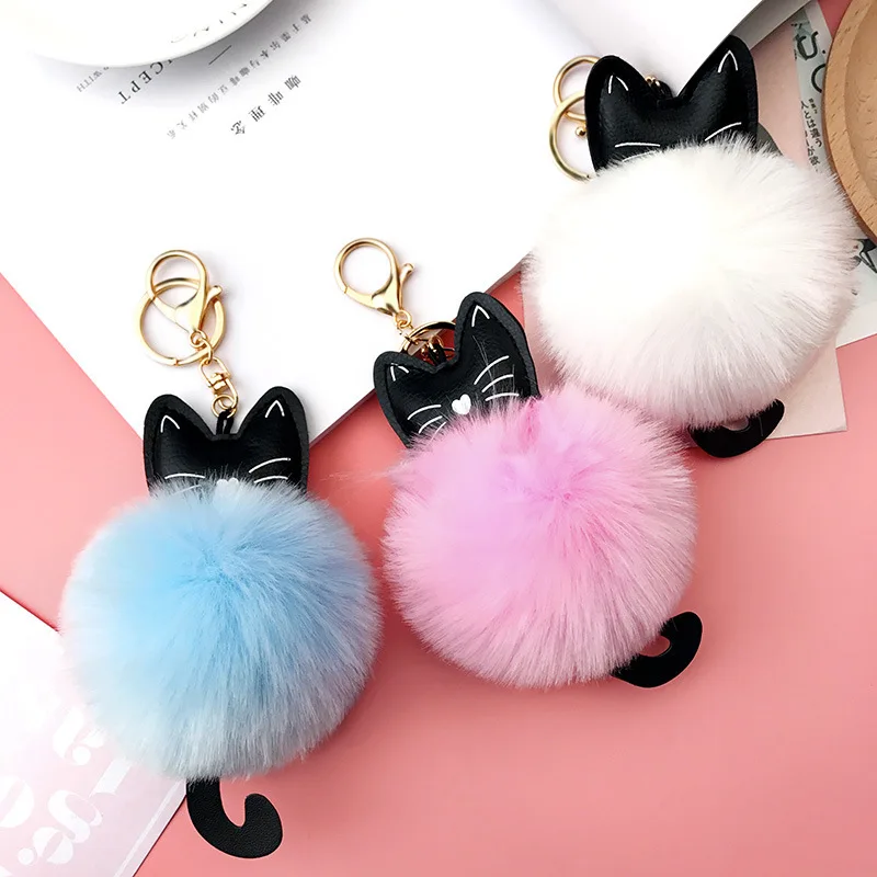 

Cute cat Pompom Keychain for Women Faux Rabbit Fur ball keyrings PomPom bag chain Fluffy Leather Key RingKeyring trinket