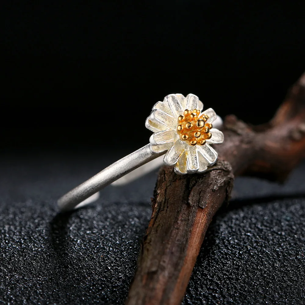 Double Fair Wiredrawing Flower Design 100% 925 Sterling Silver Rings S925 Adjustable Ring For Women Anniversary Party DFRY007