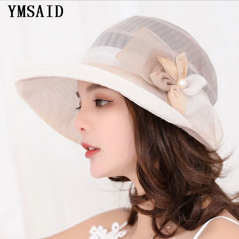 المرأة الصيف الحرير قبعة الشمس واسعة حافة الأزهار القبعات اللؤلؤ الزهور مرن أقنعة الإناث أنيقة البحر الشاطئ قبعات الشمس واقية قبعة