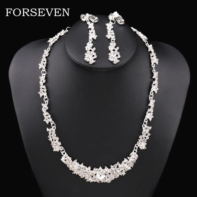 

Rhinestone Necklace with Ear Clips Glass Rhinestone Bride Jewelry Sets Wedding Accessories Silver Necklace Earrings