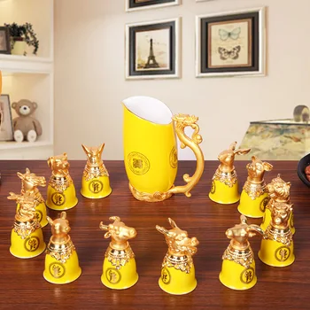 

Zodiac White Wine Glasses Set Chinese Creative Antique Ceramic Distillers Hip flask Wine Cup Set Gift Box Combination 13 PCS