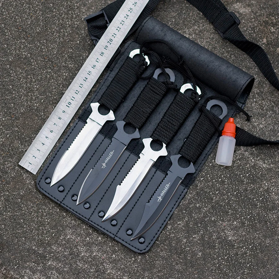 

4 pieces/lot Hunting Knife with Leather Sheath Full 21cm Hardness 58HRC Fixed Blade Martial Arts Training Hand Tools