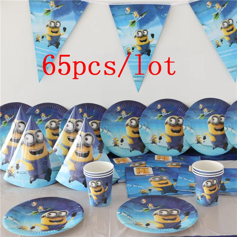 

65Pcs/Lot Cute Minions Theme Design Kids Favor Birthday Party Paper Cup Plate Banner Wedding Cartoon Minions Blowout Dish Supply