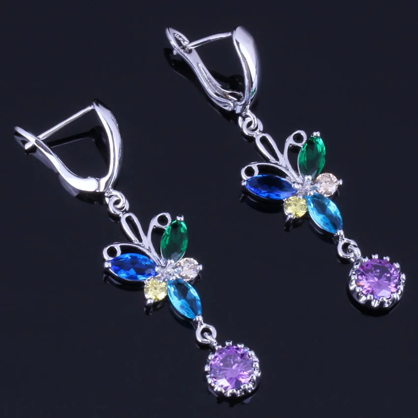 Brilliant Long Butterfly Multigem Multicolor Purple Cubic Zirconia Silver Plated Drop Dangle Earrings V0798 | Украшения и