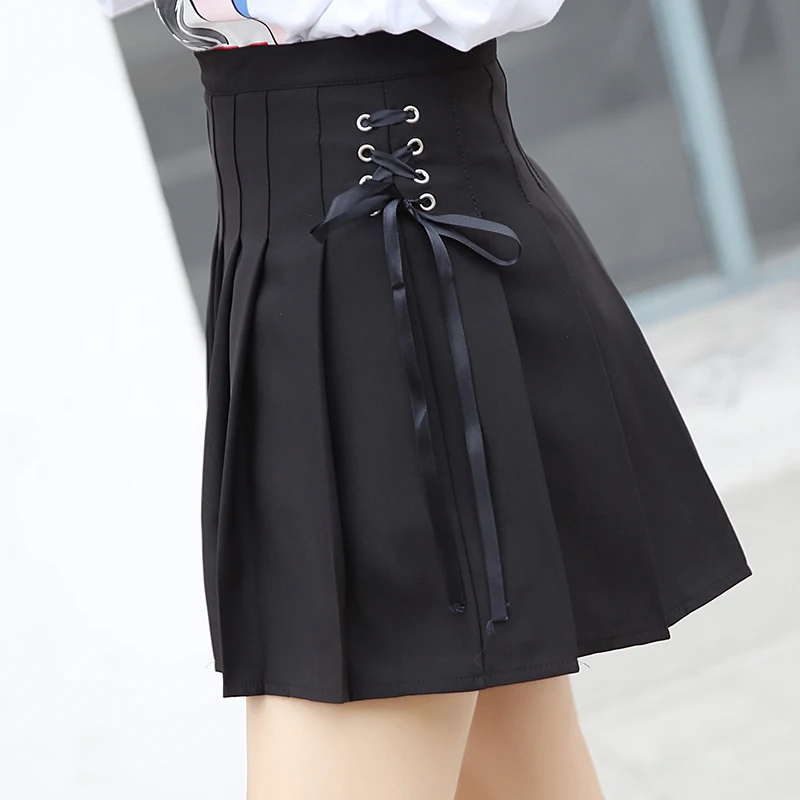Kpop Высокая талия с бантом Lac-up мини-юбка женская летняя Harajuku A-Line выше Юбки До Колена Shoolgirl уличная Tumblr