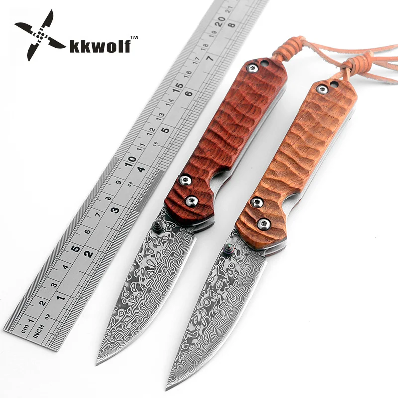 

KKWOLF Hot Damascus steel Tactical Folding knife Sandalwood handle Camping Survival Hunting knife Damascus Pocket knife EDC tool