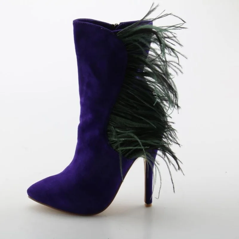 

Fashionable Purple Fringe High Heel Boots Woman Pointed Toe Zip Feather Flock Shoes Solid Elegant Spring Autumn Ladies Boots