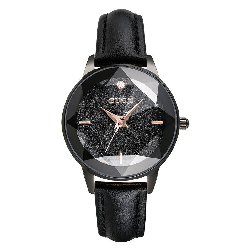 

2019 GUOU Luxury Diamond Women Quartz Watch Gold Slim Leather Star Dial Waterproof Ladies Female Clock Girl