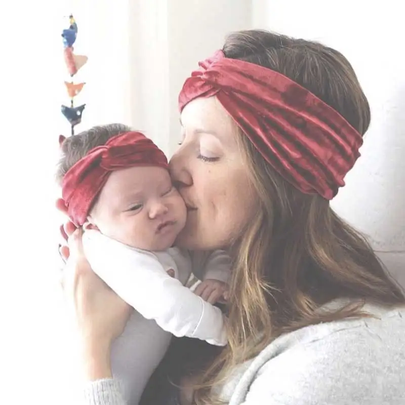 

2PC Mom & Baby Cotton Cashmere Hairband Women Soft Solid Headbands Lady Vintage Cross Elastic Hairbands Bandanas Hair Bands