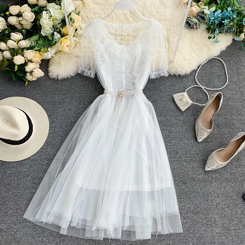 

Women Summer V-neck Puff Sleeve Pleated Pearl Bead Sashes Belt Mesh Gauze Dress Casual Elastic Slim Tulle Chiffon Ruffles Dress