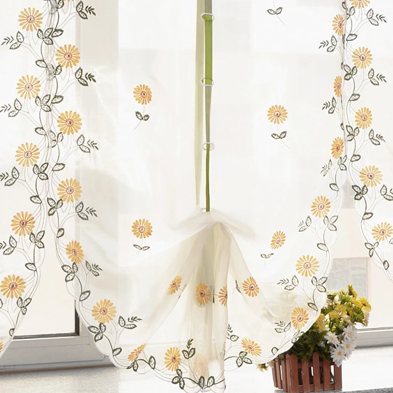 Daisy flower kitchen balcony voile roman blinds liftable curtain short embroidered organza kitchen window curtains tulle