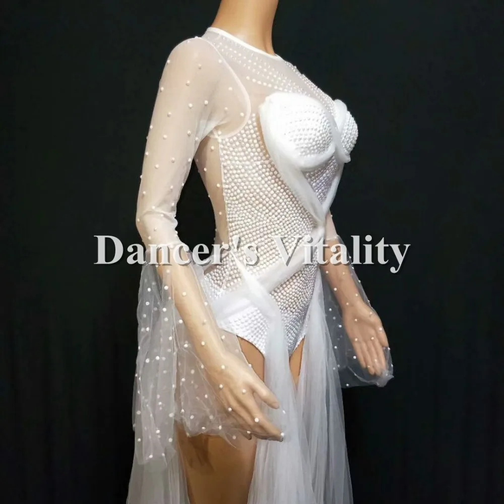 DS Белый Стразы жемчужное платье DS наряд певицы этап одежда Юбка из сетчатой ткани DJ Одежда для танцев вечерние растягивающийся костюм