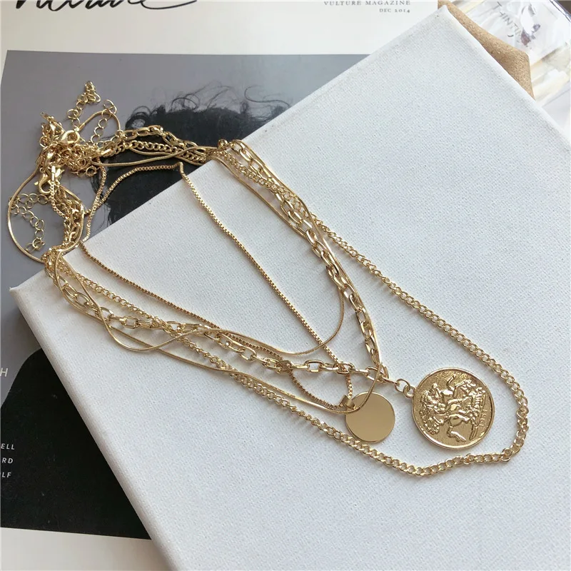 

Hiphop Men Women Necklace Coin Figure Multi Layer Necklaces 5pcs/set Round Tag Pendant Chain Necklace Punk Jewelry