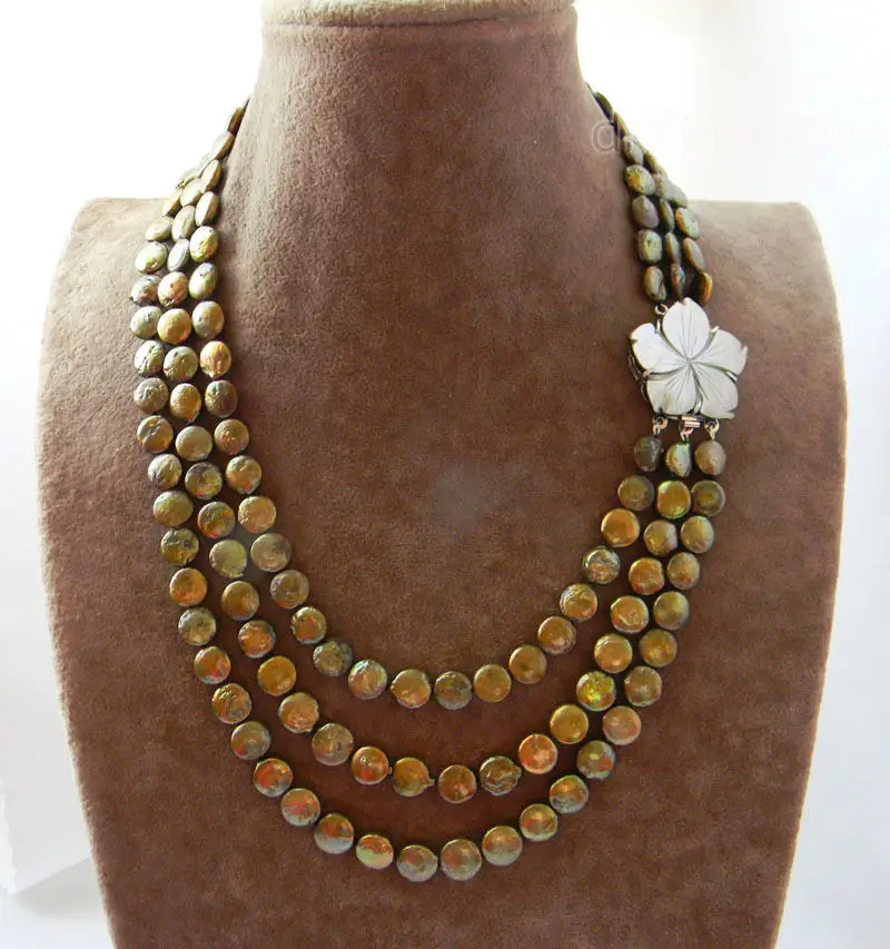 

Free Shipping >> 3Strands 19'' 9mm Green Coin Freshwater Pearl Necklace