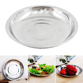 

1PCS Stainless Steel Tableware Dinner Plate Food Container Camping Kitchen Supplies 20 24 28CM Size Salad Metal Plates #05