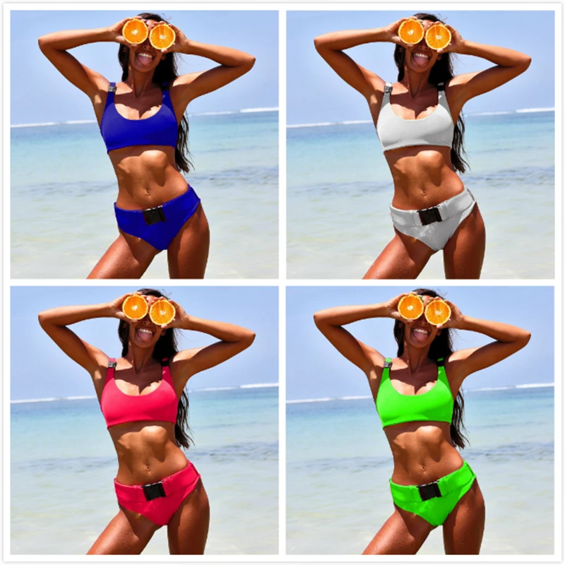 

2019 New Buckle Bikinis Female Thong Biquinis Summer Red Belt Swimwear Push Up Swimming Suit Brazilian Beachwear Maillot De Bain