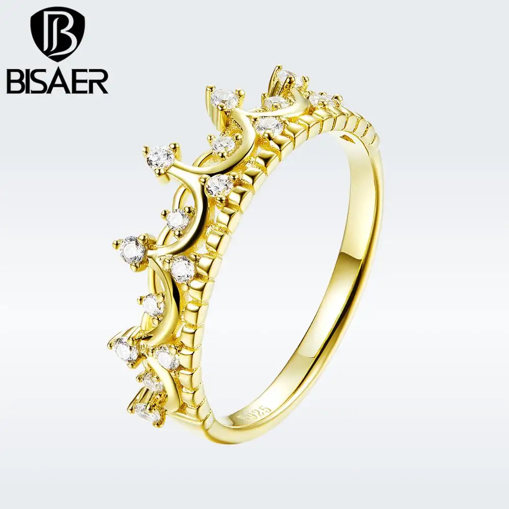 

BISAER Gold Color Royal Crown 925 Sterling Silver Finger Rings for Women Luxury Fashion Jewelry 2019 Mode Girl Gifts GXR493