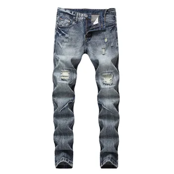 

MORUANCLE New Mens Straight Ripped Denim Pants With Holes Streetwear Distressed Jeans Pants Joggers Plus Size 28-42 Washed Blue