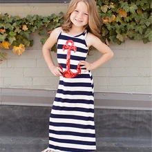 Лето, популярное пляжное праздничное платье с блестками и якорем для маленьких девочек, макси-сарафан в полоску