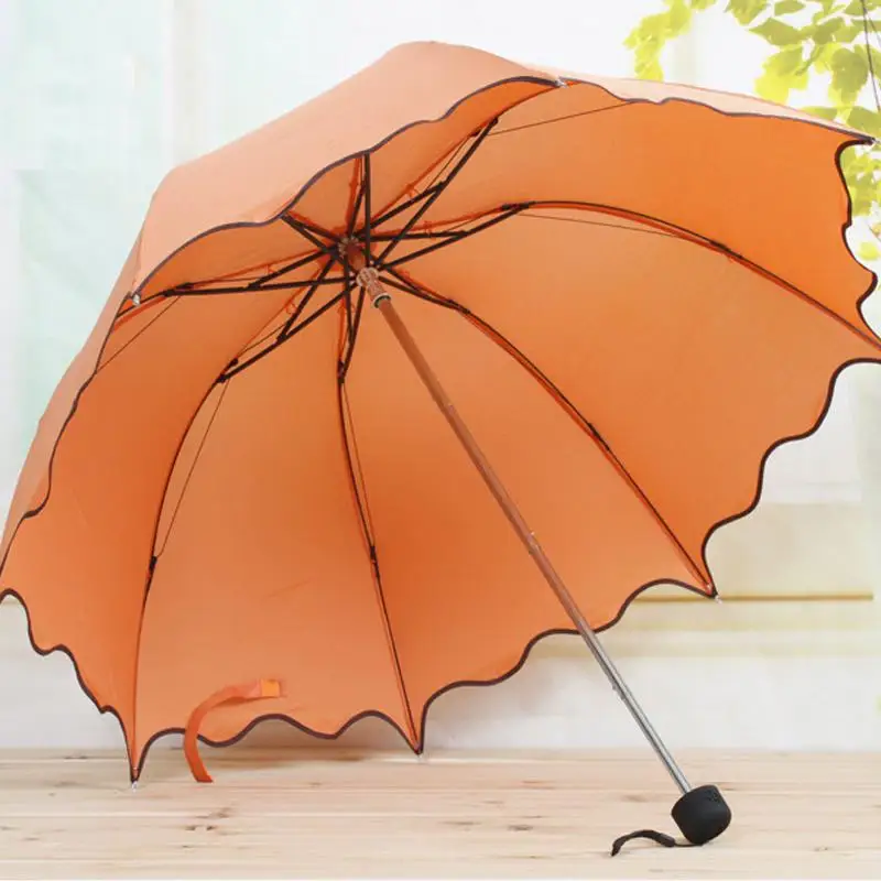Неавтоматический тройной складной зонт от дождя женский складной милый кружева с оборками женский зонты для взрослых многоцветный Водонепроницаемый - Цвет: Orang