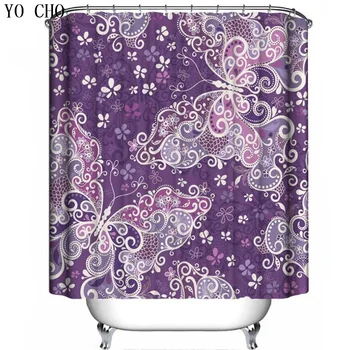 

YO CHO New Hot Butterfly floral Shower Curtain Polyester Waterproof Fabric Home Bathroom Curtains cortina de chuveiro borboletas