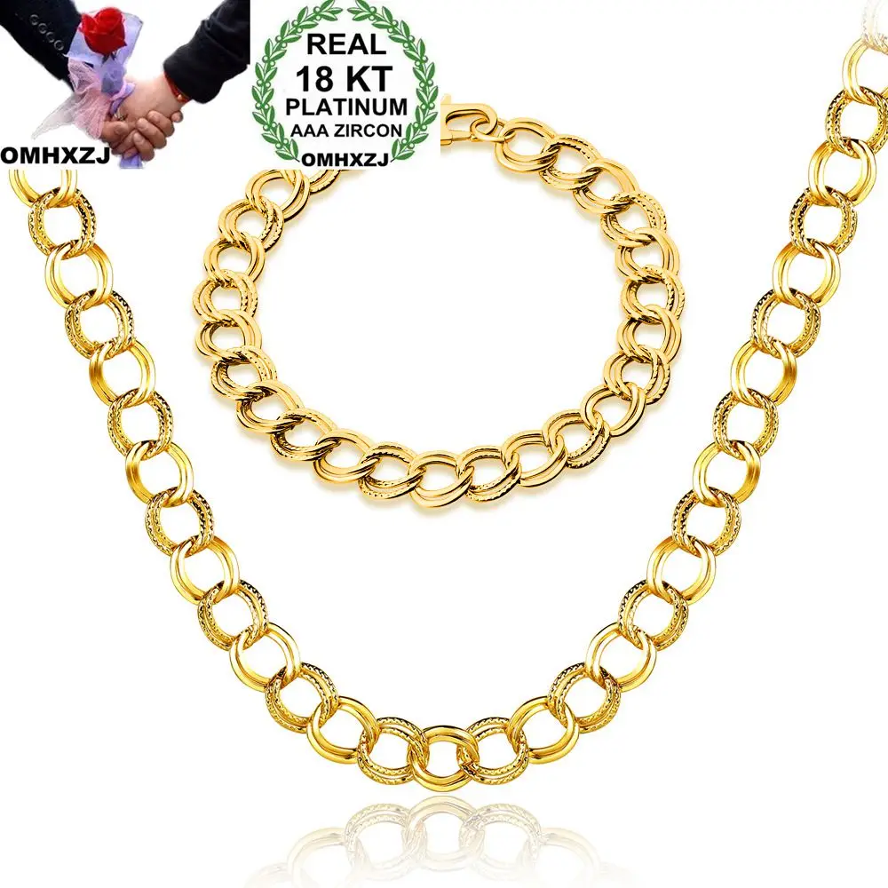 

OMHXZJ Wholesale Personality Fashion Man Party Gift Gold Round Circles Chain 18KT Gold Bracelet+Necklace Jewelry Set SE35