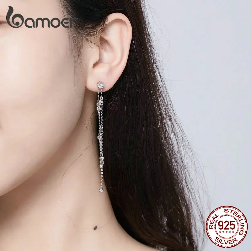 BAMOER, подлинные 925 пробы серебряные серьги-капли с длинной цепочкой для женщин, серьги для ушей, серебряные ювелирные изделия, свадебные ювелирные изделия BSE102