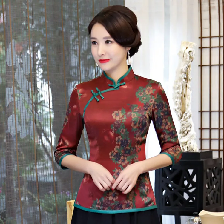 Новая летняя женская рубашка, топы, традиционная китайская женская шелковая блузка, воротник-стойка, Qipao Mujer Camisa, Размеры S M L XL XXL XXXL 9966 - Цвет: 1803 style2