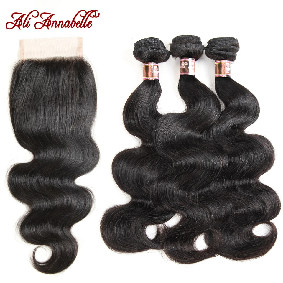 

ALI ANNABELLE HAIR Malaysian Body Wave Human Hair Weave 3 Bundles With Lace Closure Remy Hair 4*4 Closure With Bundles