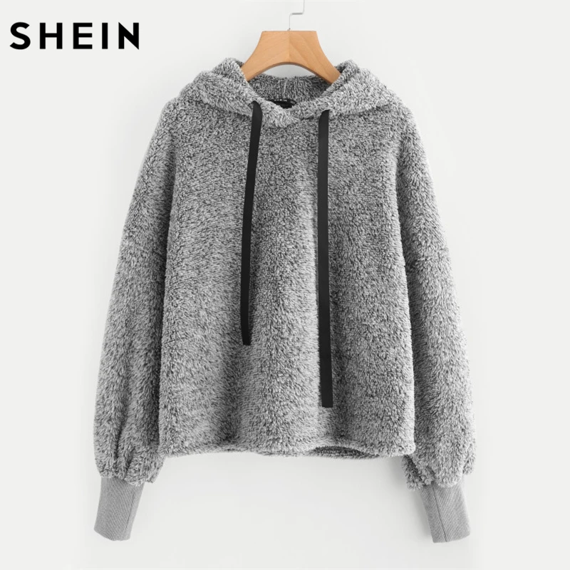 shein faux fur fluffy hoodie herbst winter casual frauen sweatshirts grau  langarm frauen minimalistischen kordelzug pullover