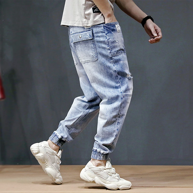 Fashion Streetwear Men Jeans Stripe Spliced Designer Harem Pants Multi Pockets Cargo Pants Slack Bottom Hip Hop Jogger Jeans Men