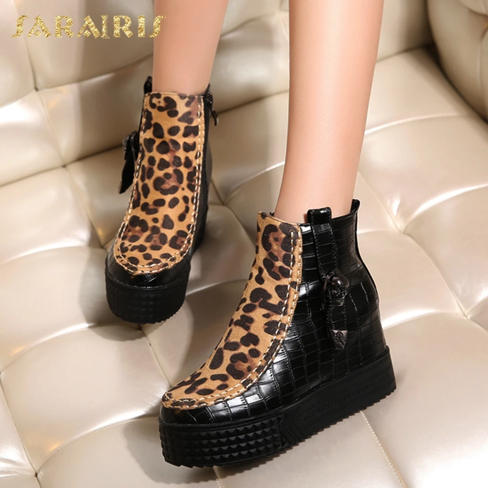 

On Sale 2019 Wholesale plus Size 43 Inner High Heels Platform Leopard Fashion Ankle Boots Women Shoes Winter Shoes Woman Boots