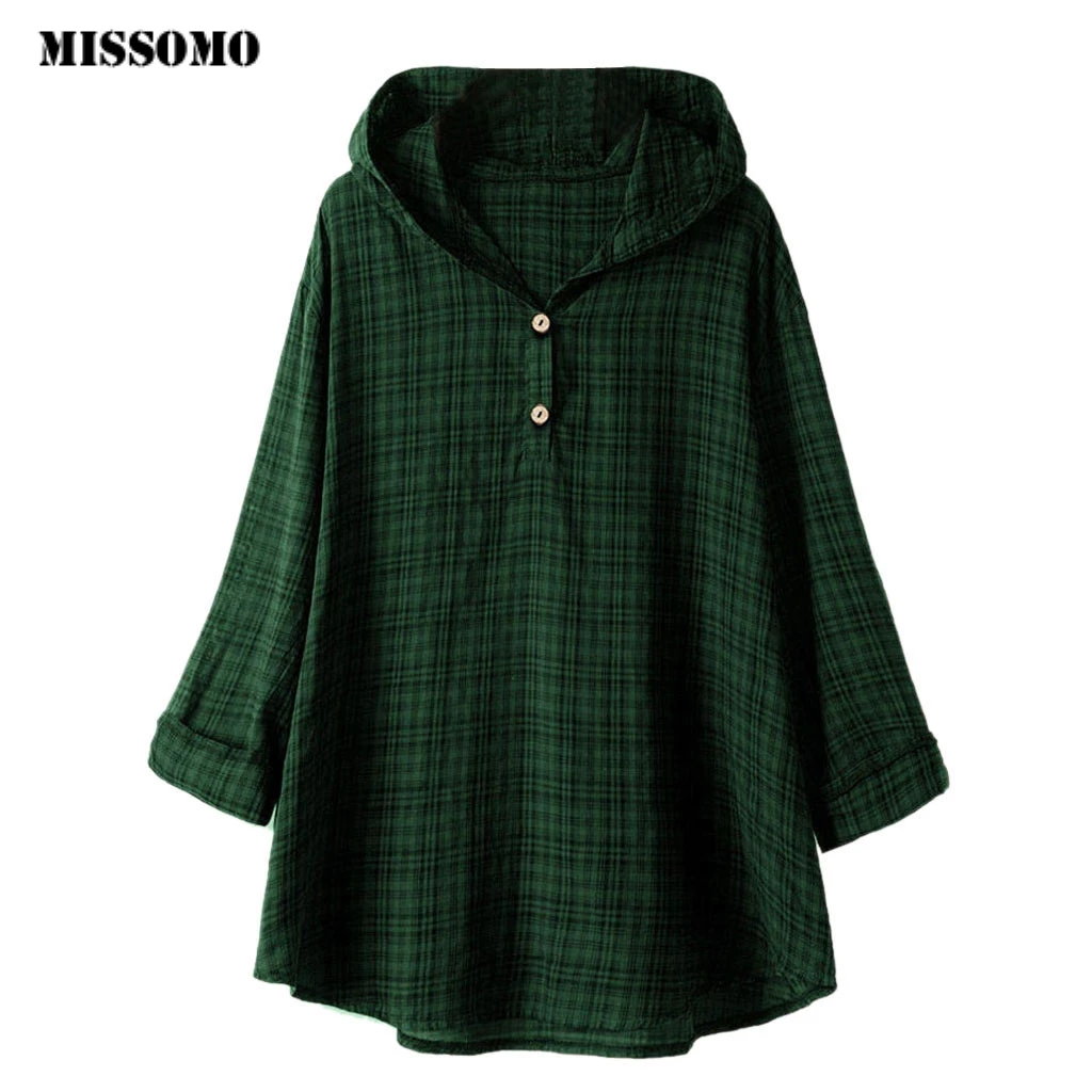 

MISSOMO Vintage Women Plaid Long Sleeve Button Shirt Female t shirt women Asymmetrical Hem Plus Size 5XL Casual Blusas 724