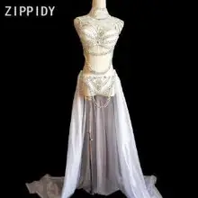 Модные стразы, белый наряд, серебряный бюстгальтер с кристаллами, короткая длинная юбка, Женский танцевальный костюм, комплект бикини из двух предметов, одежда для сцены