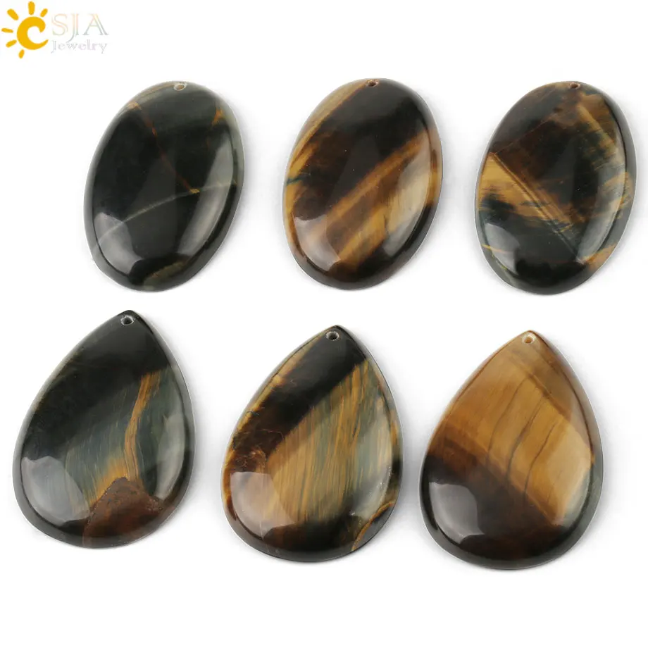 

CSJA Natural Stone Yellow Blue Tiger Eye Cabochon Water Drop Oval Pendants with Hole for Making Necklaces Women Men Jewelry G113