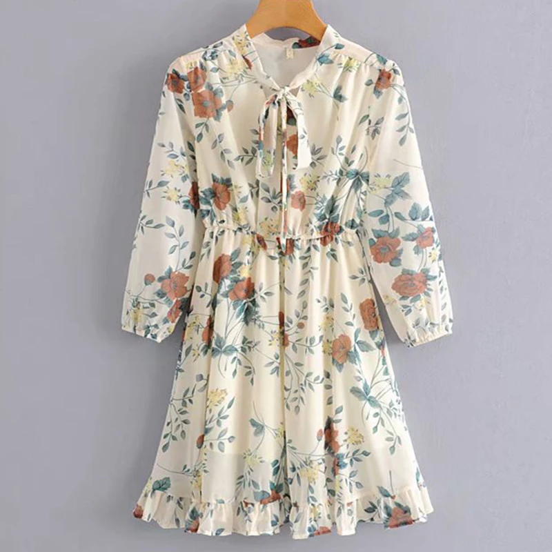 Women's Clothing Dress 2019 Polyester Bow-Neck Flower Print Ruffled Dress Ms Summer Slim Fit Sexy Temperament Clothing