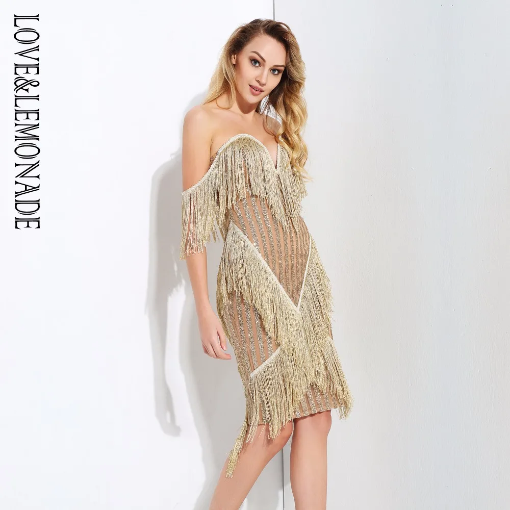 Love & Lemonade Deep V Neck Gold Fringed Trim Striped Dresses Lm0656