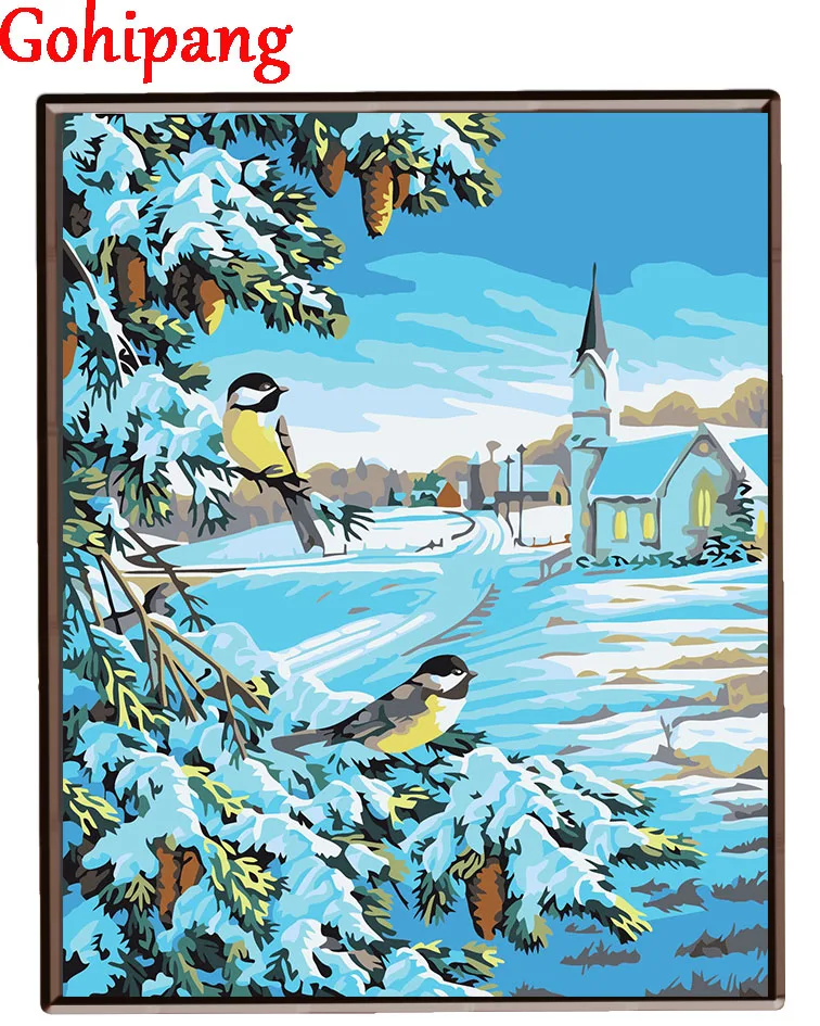 Coloring By Numbers Snow Scenery Painting Hand Painted On Canvas Diy ...