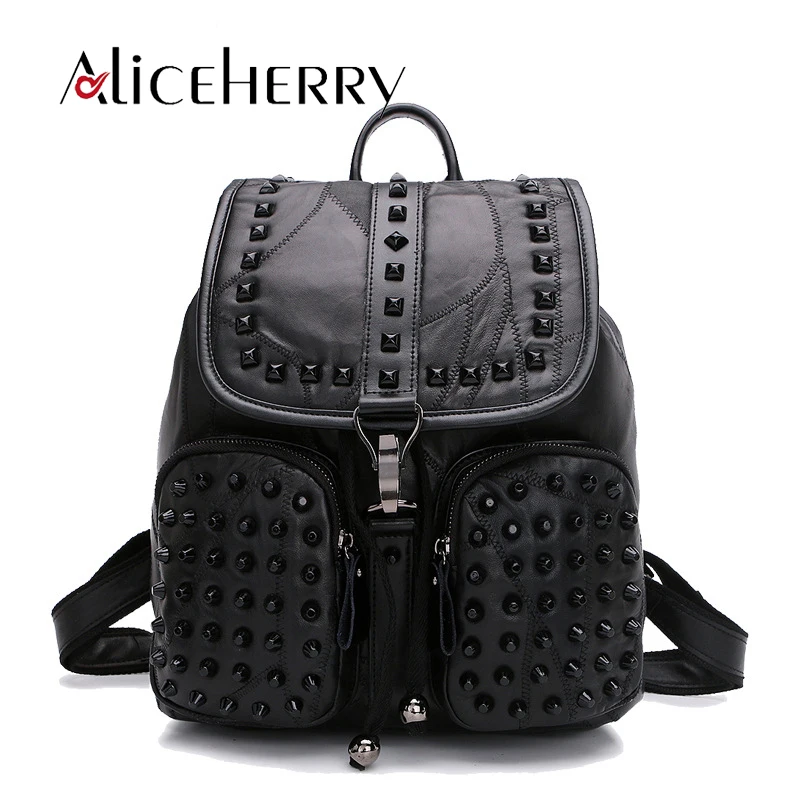 Genuine Leather Rivet Black Backpack Women Casual Bags Solid Backpack Girls School Bags Sheepskin Leather Backpack Mochila Genuine Leather Rivet Black Backpack Women Casual Bags Solid Backpack Girls School Bags Sheepskin Leather Backpack Mochila