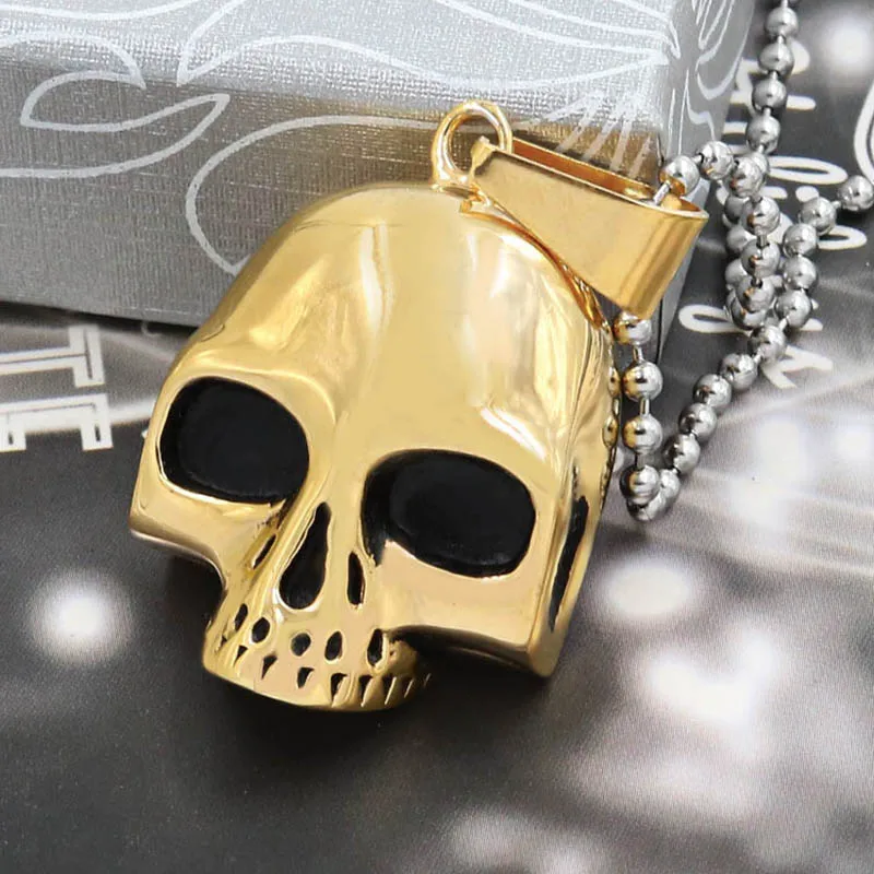 Men Necklace Biker Motorcycle Style Gold Stainless Steel Skull Mens