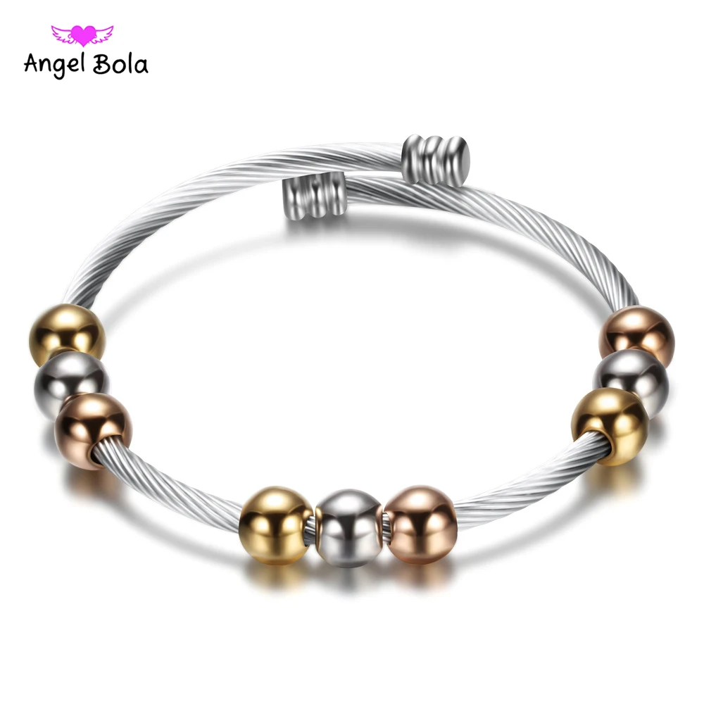 

New Arrival Spring Wire Line Colorful Beads Cross Stainless Steel Cable Stretch Bracelet Bangles for Women