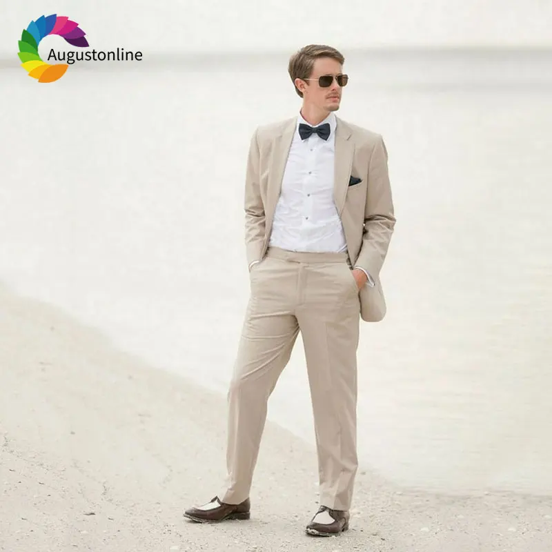2019 Summer Beach Wedding Khaki Beige Linen Men Suits For Wedding