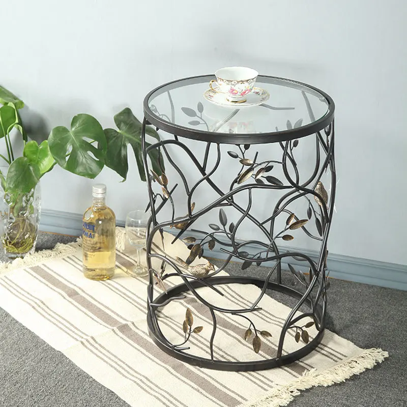 Vintage Round Living Room Sofa Balcony Small Round Table Side Table, Iron Tea Table Tempered Glass, Creative Furniture