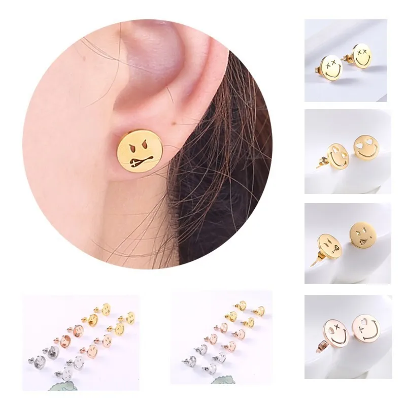 

RIR Minimalist Cute Round Heart Eyes Smile Emoji Face Earrings Stainless Steel Funny Design Circle Wink Eye Stud Earrings Women
