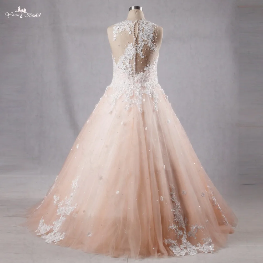 RSW1075Yiaibridal Real Pictures Ball gown With Belt And Veil Ivory Lace Champagne Backless Wedding Dresses (2)