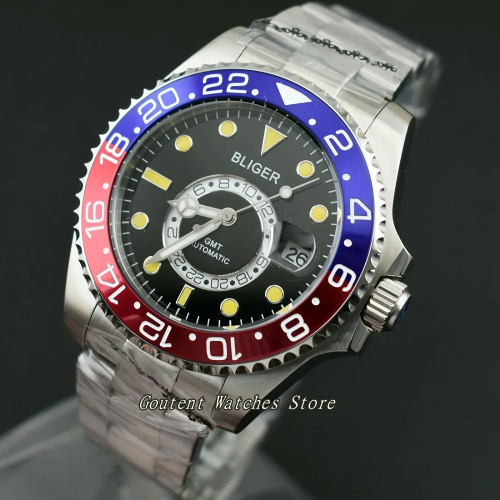 

43mm Bliger Blue&Red Bezel Black Dial SS. Case Function Automatic Men's Watch
